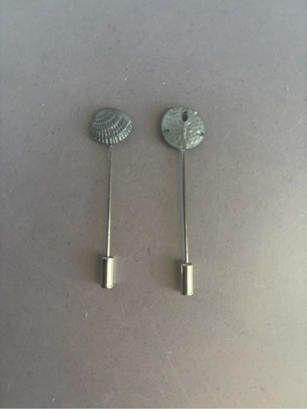 Vintage Shell and Sand Dollar Motif Stick Pins in Brushed Pewter